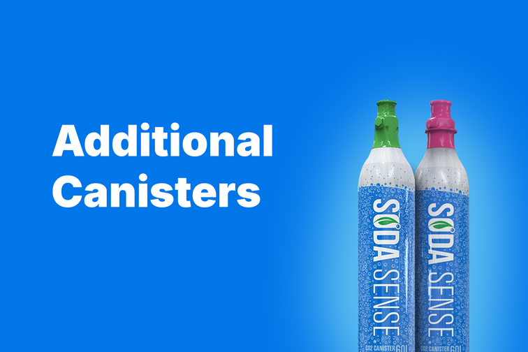 Two Soda Sense CO2 canisters with a close-up of the threaded screw-in top, compatible with threaded soda maker machines.