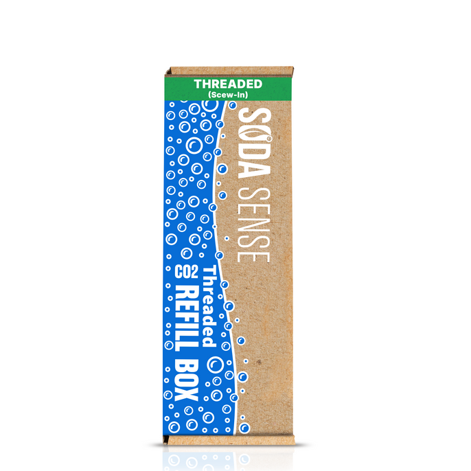 A Soda Sense CO2 Refill Box labeled 'Threaded' with a green stripe at the top. The box features blue bubbles and white text.