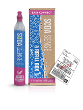 A easy connect Soda Sense CO2 refill canister stands next to a cardboard refill box and a shipping label as a product selection option
