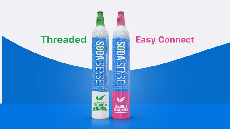 Two Soda Sense CO2 canisters with a close-up of the threaded screw-in top, compatible with threaded soda maker machines.