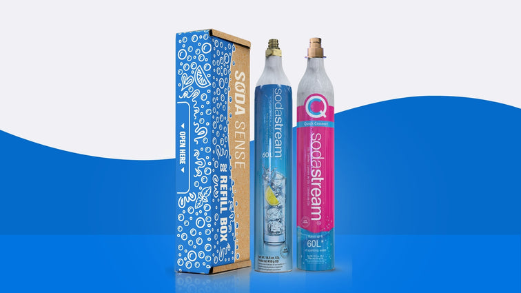 A Soda Sense refill box with two Sodastream CO2 canisters, showcasing the compatibility of the refill service with different brands.