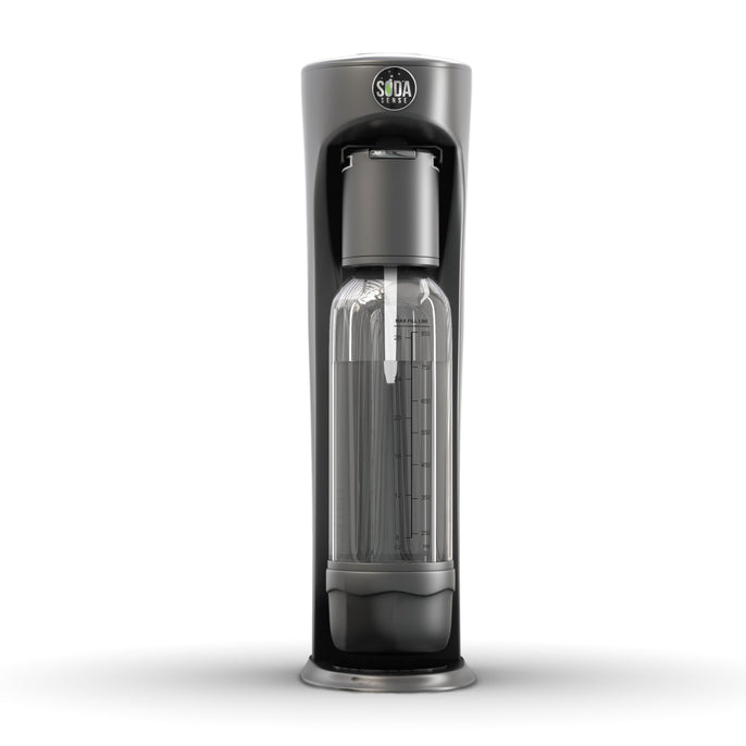 A black and gray Sensei Sparkling Water Maker featuring a sleek black lid.