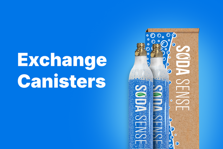 A Soda Sense refill box with two Sodastream CO2 canisters, showcasing the compatibility of the refill service with different brands.