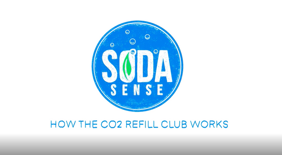 Soda Sense logo in blue with a green leaf inside the letter 'O'. Below the logo, text reads 'HOW THE CO2 REFILL CLUB WORKS.