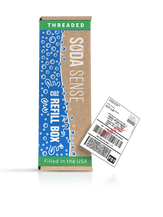 A Soda Sense CO2 Refill Box labeled 'Threaded' with a green stripe at the top. The box features blue bubbles and white text. Beside it is a shipping label.