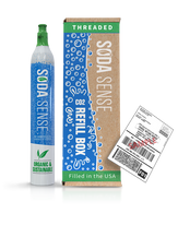 A threaded Soda Sense CO2 refill canister stands next to a cardboard refill box and a shipping label as a product selection option